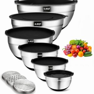 Beler Rührschüssel Set, Edelstahl, 6 Stück, Salatschüssel-Set für die Küche, 3 Zerkleinerungsaufsätze, 4,7 L/3,8 L/2,8 L