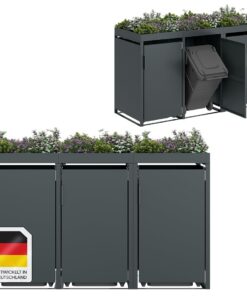STEELSØN Thoria Anthrazit Mülltonnenbox 3er 240L – Pflanzendach – 3 Tonnen Kapazität – Gerätebox 125x80x203 cm