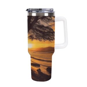 AQRJLPM Seashore Trees Sonnenuntergang-Autobecher, Edelstahl, 1,2 l, isoliert, auslaufsicher, Reise-Kaffeebecher für kal