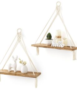 Mkono Makramee Holzwandregal - Boho Dekoration für Balkon, Badezimmer & Wohnzimmer, 2er Set