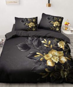 Luowei Blumen Bettwäsche Schwarz Gold Romantische Floral Bezug mit Reißverschluss 135x200cm