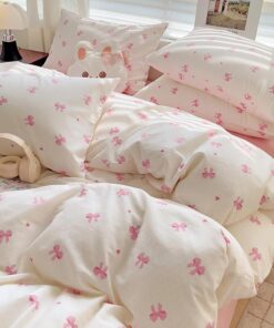 Covebett Baumwoll Bettwäsche Mädchen Weiß mit Rosa Schleifen Herz KühlComfort Aesthetic Rosa Herzen Schleifenmuster Deck