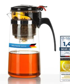 Teeglas mit Sieb 450 ml Tee-Tasse mit Deckel & Knopf - Tea-Maker Teebereiter in Einem