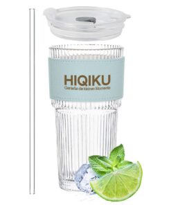 Hiqiku 600ml Glasbecher - ideal für Getränke & Cocktails mit rutschfestem Lederhalter, für Cappuccino, Latte und more (B