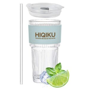 Hiqiku 600ml Glasbecher - ideal für Getränke & Cocktails mit rutschfestem Lederhalter, für Cappuccino, Latte und more (B