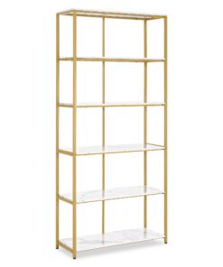 Barberpub Bücherregal Gold mit 5 Ebenen Metallrahmen 30x80x180cm Marmor-Weiß 5166