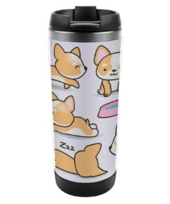Qjjinxior Thermobecher aus Edelstahl | Praktisch für Reisen | Lustiger Corgi-Design, 380 ml, auslaufsicher | Anti-Rutsch