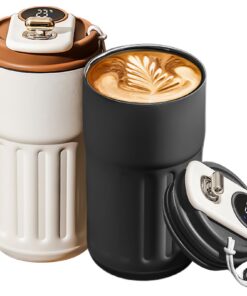 450ml Thermobecher to Go, Edelstahl Kaffeebecher Auslaufsicher mit Digitalanzeige, Weiß+Schwarz