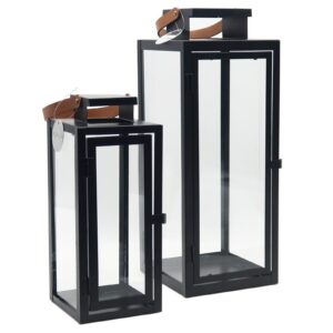 Dekovita 2er-Set Gartenlaterne Schwarz 30cm/42cm - Glas-Scheiben und Kunstleder-Henkel Deko-Laterne