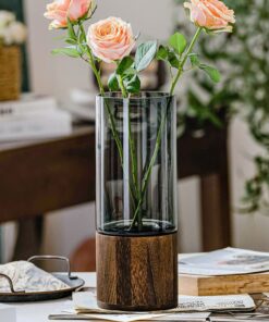 Moderne Handgefertigte Kristallklare Glas Zylinder Vase mit Holzsockel 31 cm Höhe - Home Office Dekor Geschenk