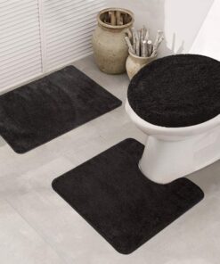 Badematte Set 3 Teile, Waschbar Badezimmerteppich, rutschfeste Badematte für Toilettendie und Dusche (Schwarz)