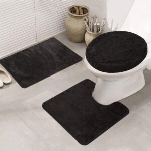 Badematte Set 3 Teile, Waschbar Badezimmerteppich, rutschfeste Badematte für Toilettendie und Dusche (Schwarz)