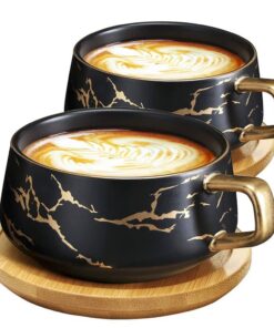 VETIN Cappuccino Tassen Schwarz 2 Stücke Porzellan Marmor 300 ml Kaffee-Tassen mit Unterteller;zur Tee- und Kaffee-Zeit;