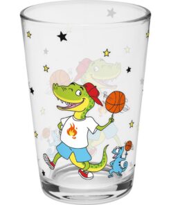 GRUSS & CO Dino Trinkglas | bedrucktes Glas, 10,8 cm hoch, 6,8 cm Durchmesser, 22 cl Volumen | Geschenk für Kinder, Idea