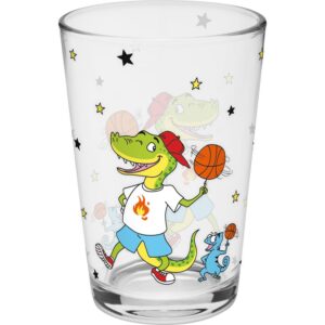GRUSS & CO Dino Trinkglas | bedrucktes Glas, 10,8 cm hoch, 6,8 cm Durchmesser, 22 cl Volumen | Geschenk für Kinder, Idea