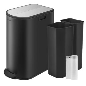 SONGMICS ULTB570B50 Doppel-Küchen-Mülleimer, Edelstahl, sanft schließend, Ink Black und Metallic Silber