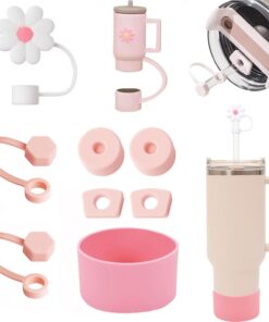 Stanley Cup Zubehör 9 Stück, 1 Silikonhülle, 2 Strohhalm Abdeckung, 6 Silikon Auslaufsicheres Stopfen, Rose, für 1,2 l-