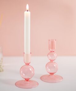 Glasseam Glas Kerzenständer Rosa 2er Set - Bunte Stabkerzenhalter Deko für Wohnzimmer Esstisch