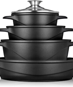 ILAG GRANITEC MGK-17 Briebe Topfset Induktion, 8-Teilig, Aluminiumguss, Antihaftbeschichtung, Glass-Deckel, Silikon-Topf