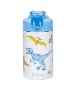 Edelstahl Kinder Trinkflasche HappyPal - Weiße Flasche mit blauem Griff Dinosaurier-Muster