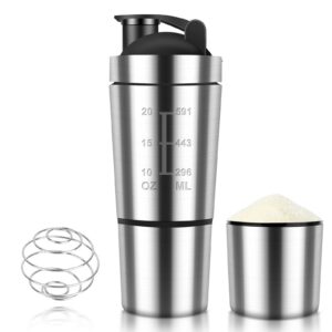 HIULLEN Edelstahl Protein Shaker, 600+200ML SportFitness Eiweiß Shaker Becher(Silber), perfekt für Cremige Shakes währen