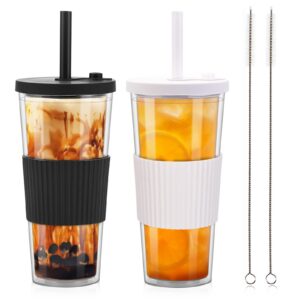 ZgoEC Isolierte Bubble Tea Becher 24oz Doppelwandig Tumbler mit Deckel und Strohhalm