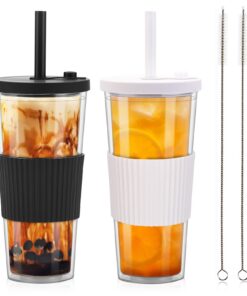 ZgoEC Isolierte Bubble Tea Becher 24oz Doppelwandig Tumbler mit Deckel und Strohhalm