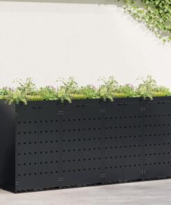 Mülltonnenbox 4 Tonnen Tür inkl. Erweiterungsmöglichkeit Schwarz Con Pflanzen-Dach 120-240 Liter