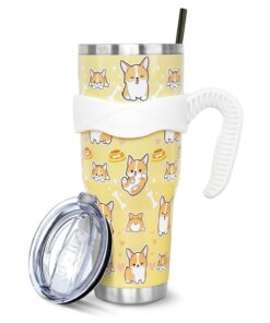 Corgi Trinkbecher mit Griff und Strohhalm, vakuumisoliert, Edelstahl, Eiskaffeetasse, Corgi-Geschenke für Corgi-Liebhabe