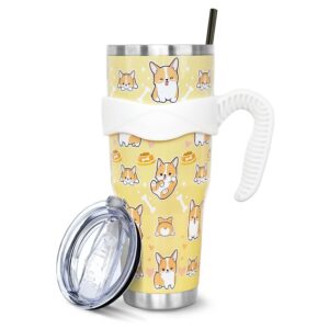 Corgi Trinkbecher mit Griff und Strohhalm, vakuumisoliert, Edelstahl, Eiskaffeetasse, Corgi-Geschenke für Corgi-Liebhabe