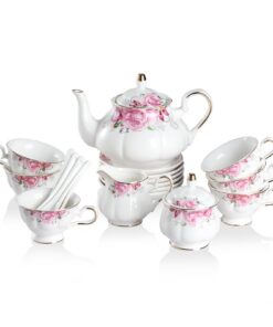 Sweejar Vintage British Floral Relief Gold Rand Teekanne Tasse und Untertasse Set für 6 Personen mit Teekanne, Zuckerdos