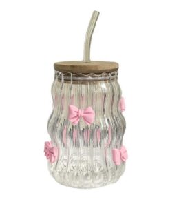 JUOPZKENN Glas-Strohbecher mit Deckel - Vintage-Schleifen, ästhetischeSmoothie-Becher, Rosa Schleife JUOPZKENN Glas-Stro