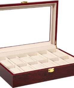 Uten Uhrenbox mit 12 Fächern für Sammler | Uten Uhrenkasten aus Massivholz mit Glasdeckel | Uten Uhrenkoffer mit heraus