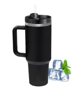 LOITTAINUE Thermobecher To Go (Schwarz) - Doppelwandig, Edelstahl, 1180ml, Kaffeebecher mit Strohhalm und Henkel, Vakuum