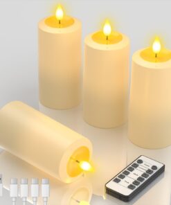Yme 4er Set LED Kerzen mit Auspust-Funktion & Fernbedienung, Flackernde Stumpenkerzen mit Timer & USB-C Kabel für Home &