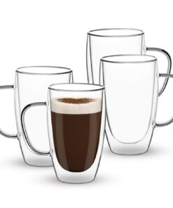 COMOOO Doppelwandige Glas-Kaffeebecher mit Griff für Kaffee und Tee (473 ml, 4er-Pack)