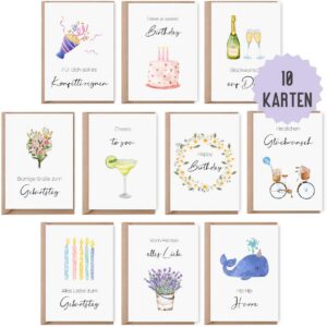 10 Geburtstagskarten DIN A6 | Glückwunschkarten zum Geburtstag | Set 10 Klappkarten Happy Birthday | Glückwunschkarten