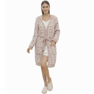 DOOWELL Modischer Leopardenbademantel für Damen, warm und weich, mit Taschen, langlebig
