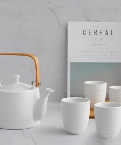 Vintage Keramik Weiß Japanisches Tee Set mit Porzellan Teeservice und Sieb - 900ml mit 4 Teetassen 180ml für Losen Tee u