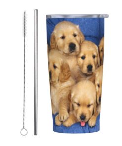 LOUJIN 590 ml isolierte Kaffeetasse Edelstahl Corgi Blumen Reisebecher mit Strohhalm und Deckel
