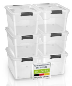 Juskys 6er Set Kunststoff Aufbewahrungsboxen 60l - stapelbar, transparent, perfekt für Haus und Büro - Ordnungssystem=ma