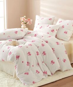 Covebett Winter Fleece Bettwäsche Set - Weiß mit Rosa Schleifen für Mädchen - Warm und Flauschig - 135x200 CM - Reißvers