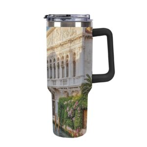 AQRJLPM Old Buildings Trinkbecher, Edelstahl, 1,2 l, Trinkbecher mit Strohhalm und Deckel, auslaufsicher, isoliert, idea