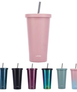 LoFone Isolierter Thermobecher Pink | Edelstahl-Kaffeetasse 500ml Heiß-und Kaltes Getränke Insgesamt Isolierter Strohhal