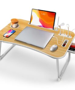 ICARE Betttisch Klappbar mit 4 USB Ports für Laptop und Tablet, Getränkehalter und Schublade (60 x 40 cm, Holzfarbe) I