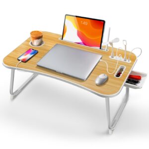 ICARE Betttisch Klappbar mit 4 USB Ports für Laptop und Tablet, Getränkehalter und Schublade (60 x 40 cm, Holzfarbe) I