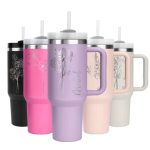 WALLFID 40oz Thermobecher personalisiert – Edelstahl Becher mit Geburtsblume, Namen & Wunschtext, Henkel, Deckel & Stroh