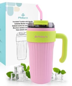 Philorn Thermobecher mit Griff - Edelstahl Vakuum Trinkbecher mit Deckel und Strohhalm, Kaffeebecher für Heißer und Kalt