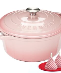 Overmont Bräter emaille Gusseisen Topf 26cm backofengeeignet - mit Deckel und Kochbuch für Küche Schmoren Braten - Rosa