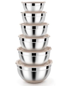 Homikit Rührschüssel Set Edelstahl 6er Set Salatschüssel Luftdichter Deckel Khaki Silikonboden Stapelbar 4,6L/2,8L/2,5L/